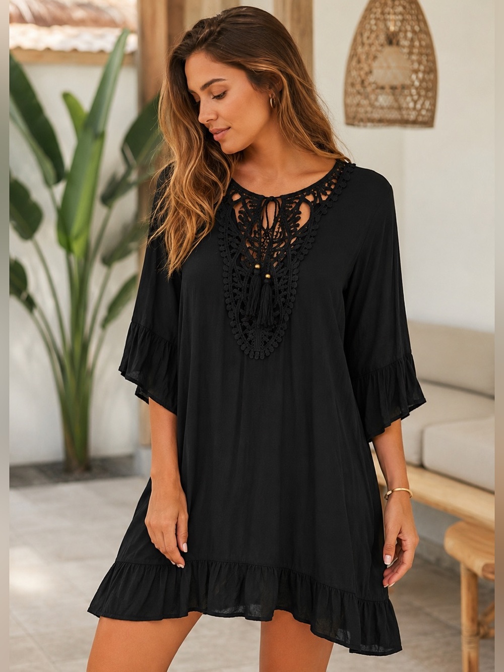KOY Resort Black Boho Crochet Tassel Dress Cover-Up Small